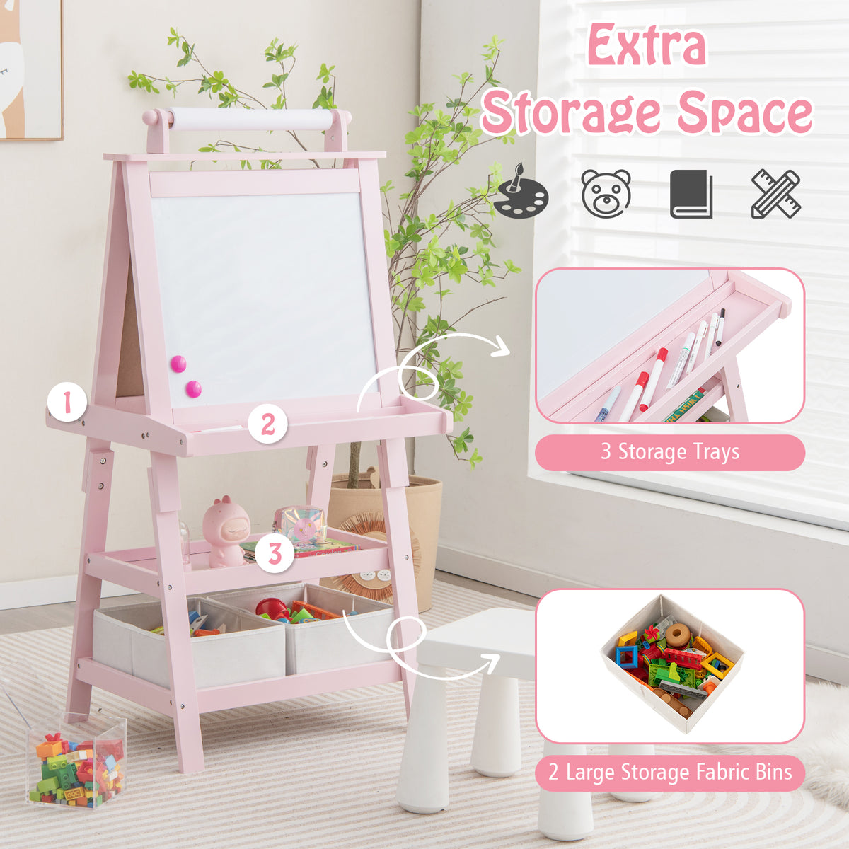 Children's Double-Sided Art Easel with Paper Roll-Pink