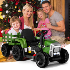 12V Kids Ride On Tractor with Trailer Music and LED Lights-Dark Green