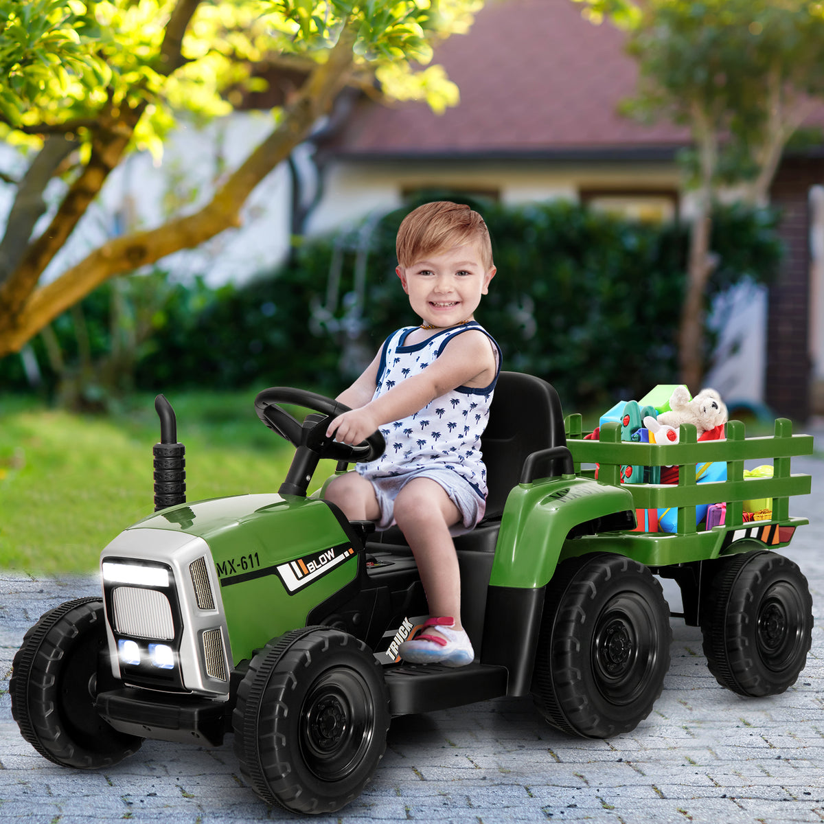 12V Kids Ride On Tractor with Trailer Music and LED Lights-Dark Green
