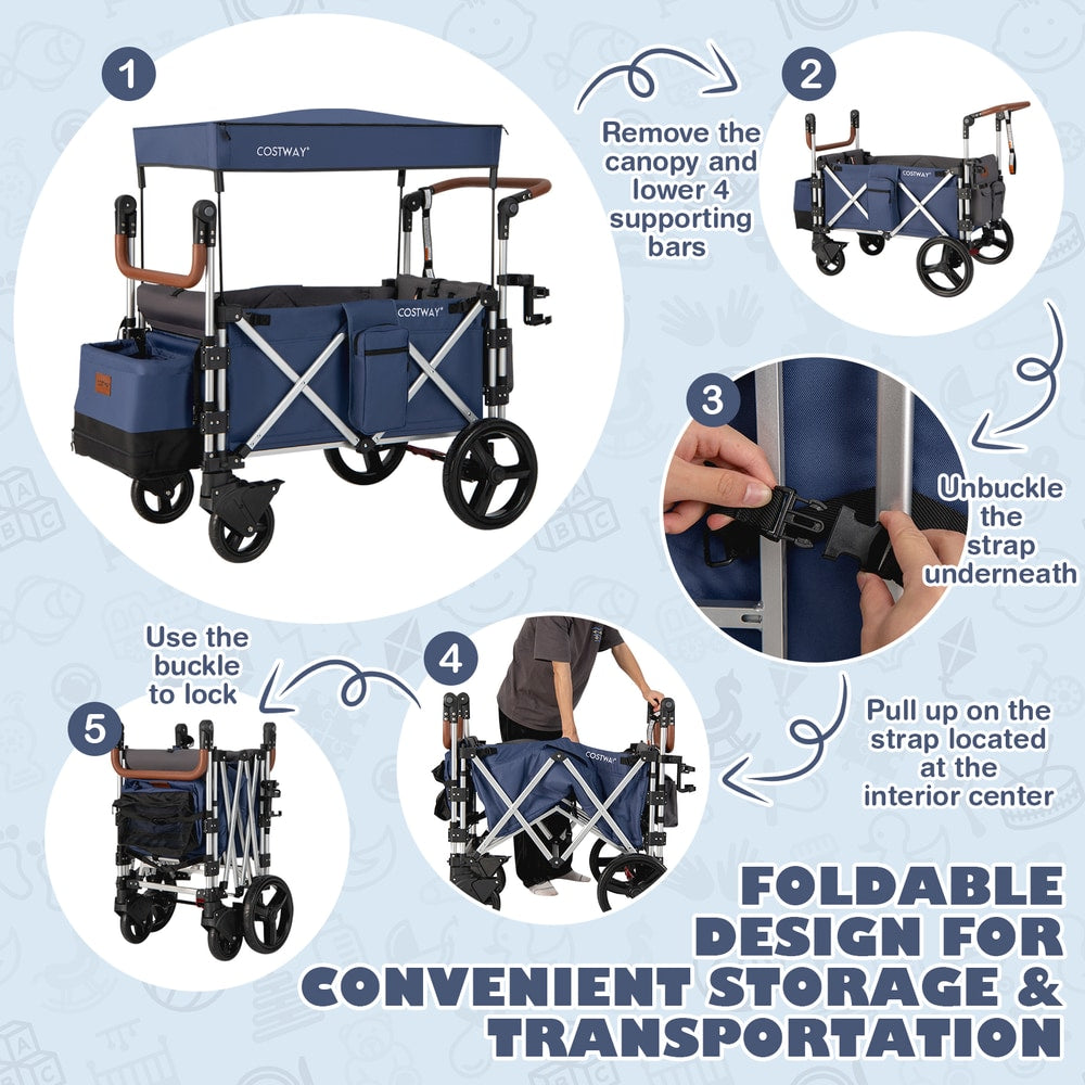 The blue double stroller wagon being folded for convenient storage and transportation