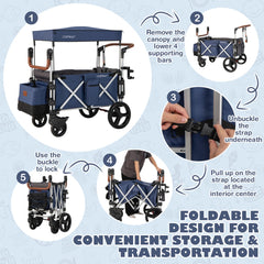 The blue double stroller wagon being folded for convenient storage and transportation
