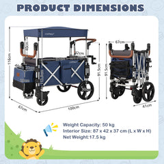 Product dimensions diagram for the blue double stroller wagon showing height and width