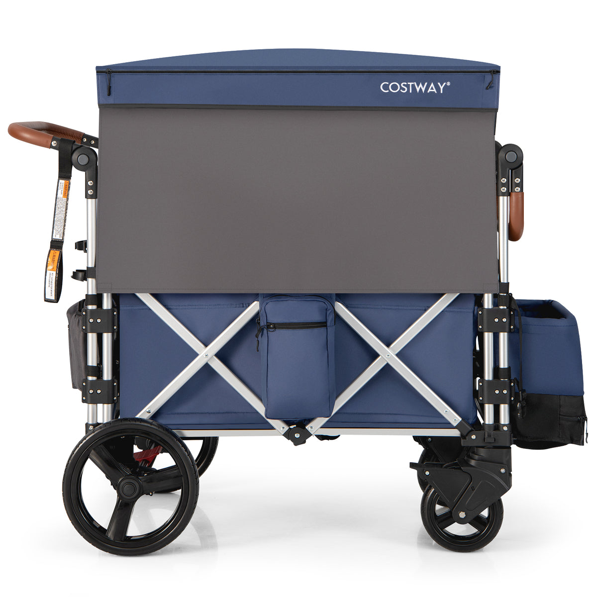 The blue double stroller wagon viewed from the side with the canopy extended