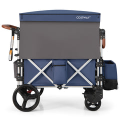 The blue double stroller wagon viewed from the side with the canopy extended
