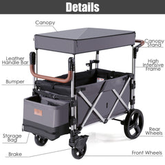 Close-up details of the grey double stroller wagon including canopy, handles, and wheels