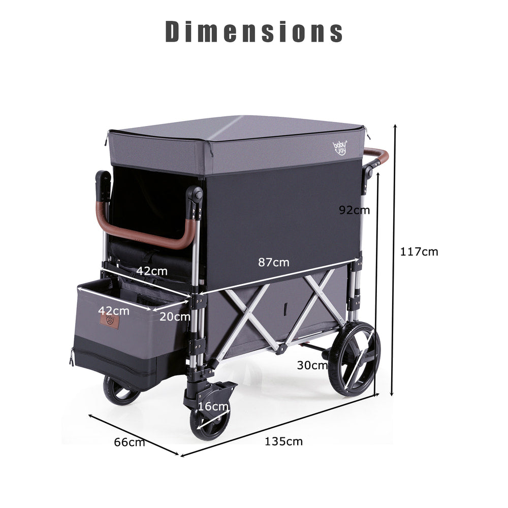 Dimensions diagram of the grey double stroller wagon showing height and width measurements