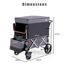 Dimensions diagram of the grey double stroller wagon showing height and width measurements