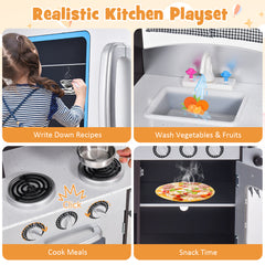 Kids Wooden Play Kitchen Set with Refrigerator Blackboard Sink Oven