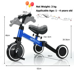 Convertible Balance Bike Kids Trike with Detachable Pedal for 1-4 Years Old Kids-Blue
