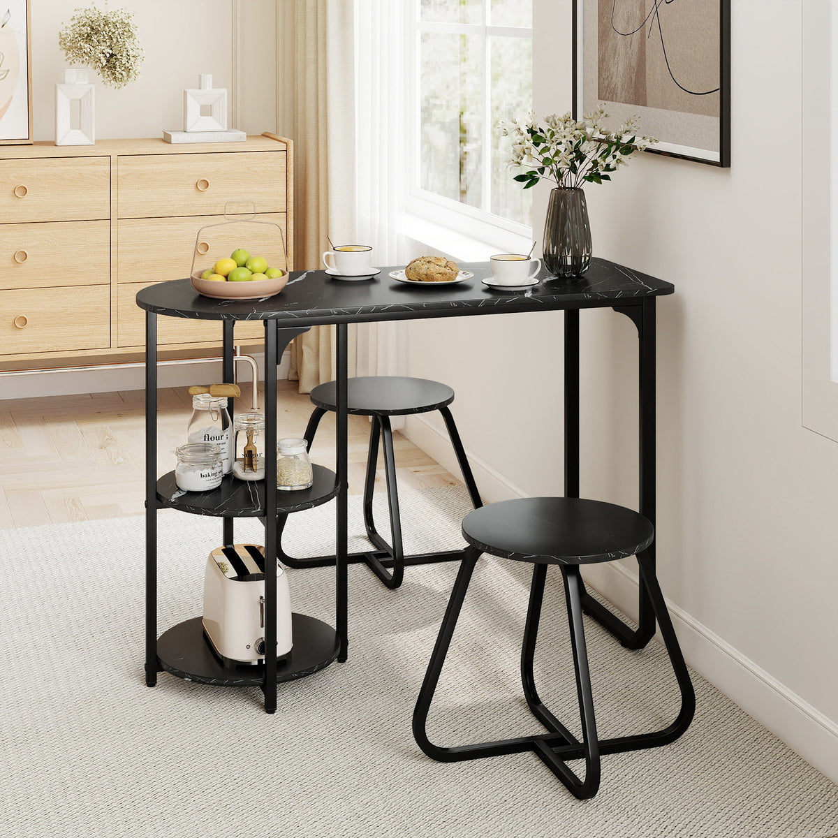 Table and 2 Bar Stools Set with Adjustable Legs for Kitchen-Black