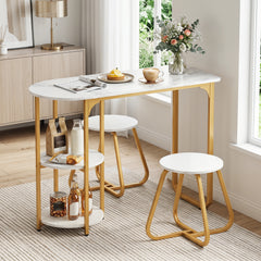 Table and 2 Bar Stools Set with Adjustable Legs for Kitchen-White