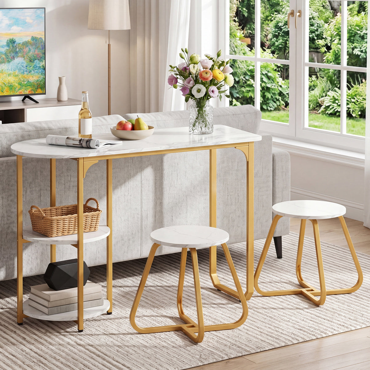 Table and 2 Bar Stools Set with Adjustable Legs for Kitchen-White