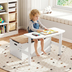 3-in-1 Kids Table and Chair Set with Toy Storage Box-Natural & White
