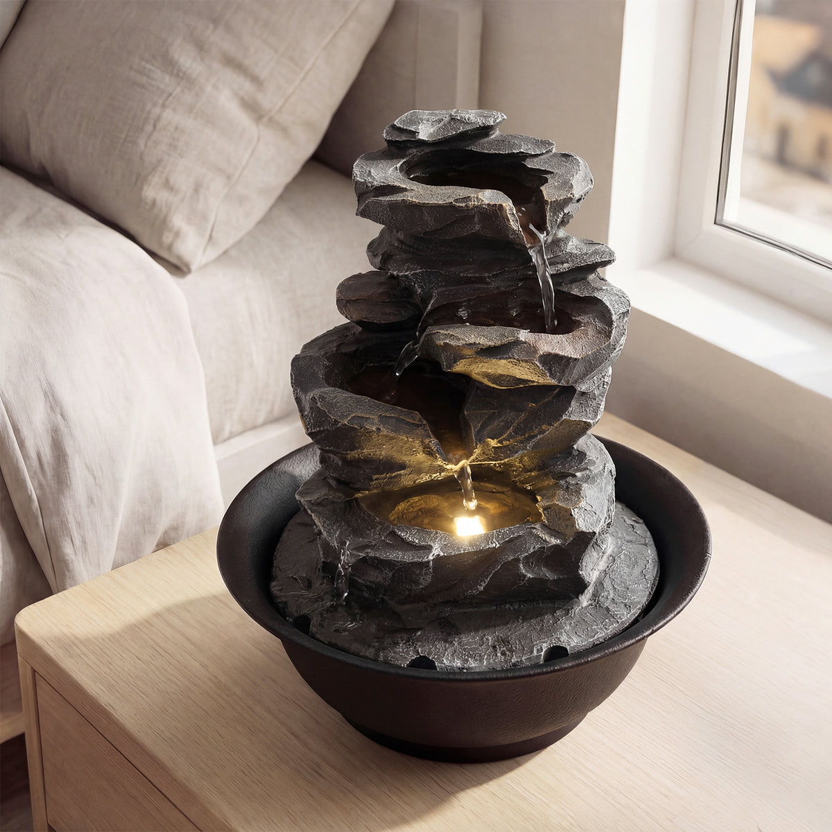 Tabletop Water Fountain Indoor Desktop Cascading Water Feature with LED Light