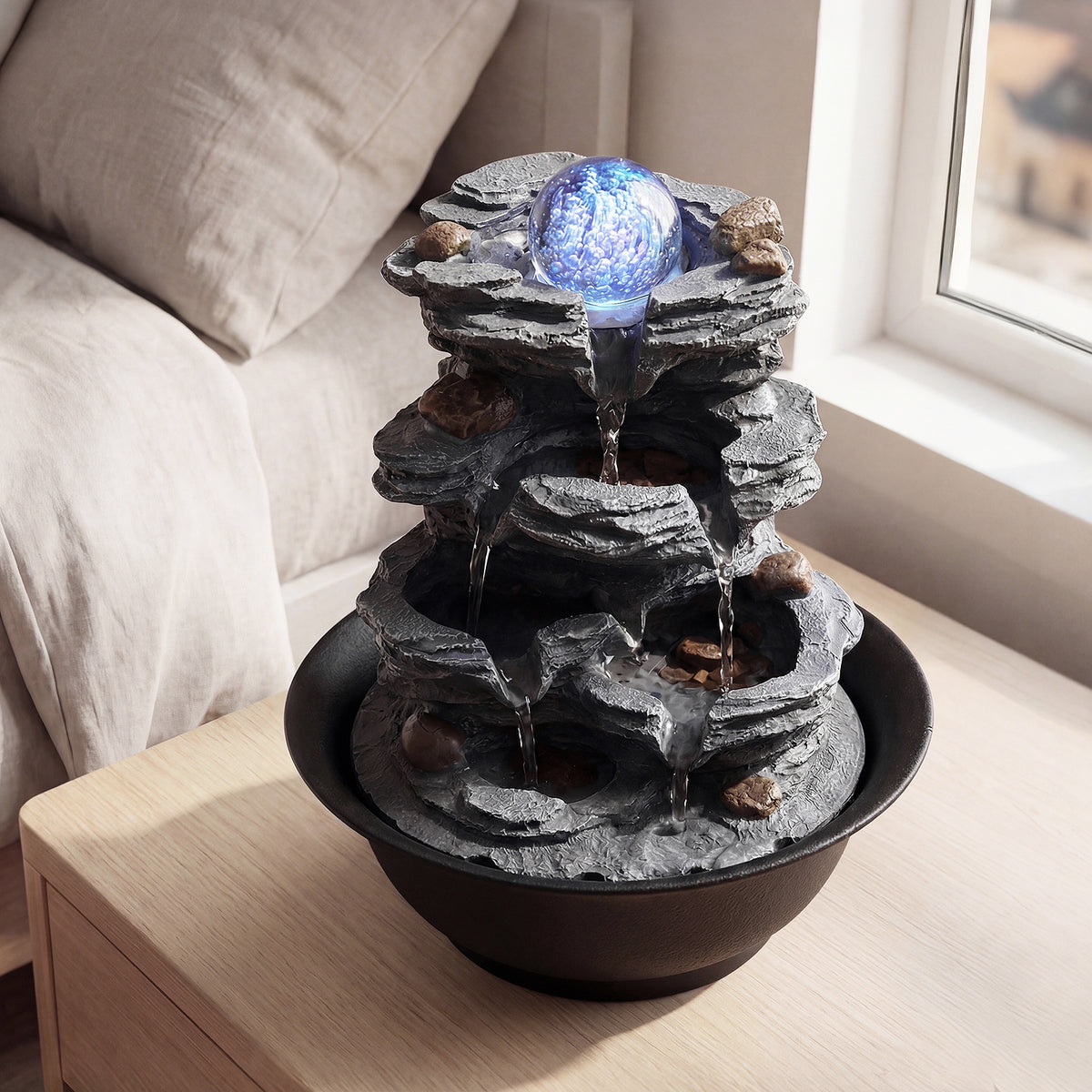 Tabletop Water Fountain with Rolling Crystal Ball Indoor Cascading Water Feature