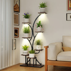 The corner plant stand with plants in a living room next to a sofa