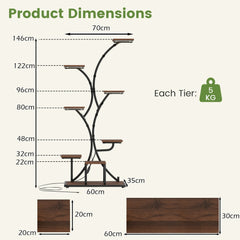 Dimensions of the brown metal plant stand with weight and shelf details