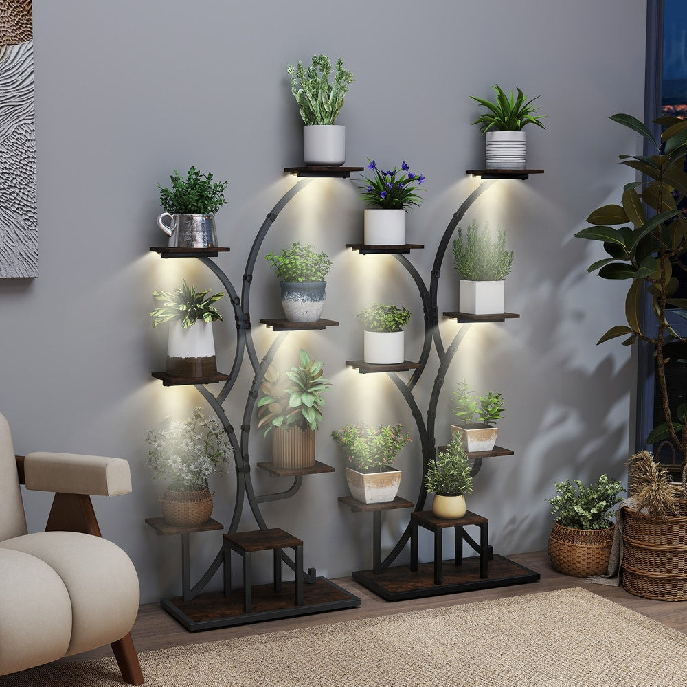 Tall 8-Tier Corner Metal Plant Shelf Set of 2 in Rustic Brown