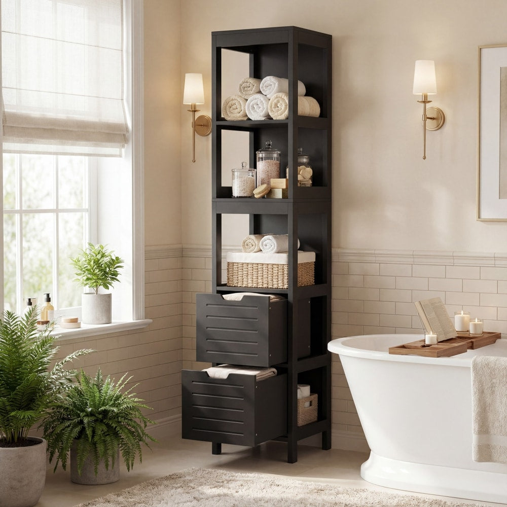 Black tall bathroom storage unit with shelves and two drawers, with one drawer open showing contents