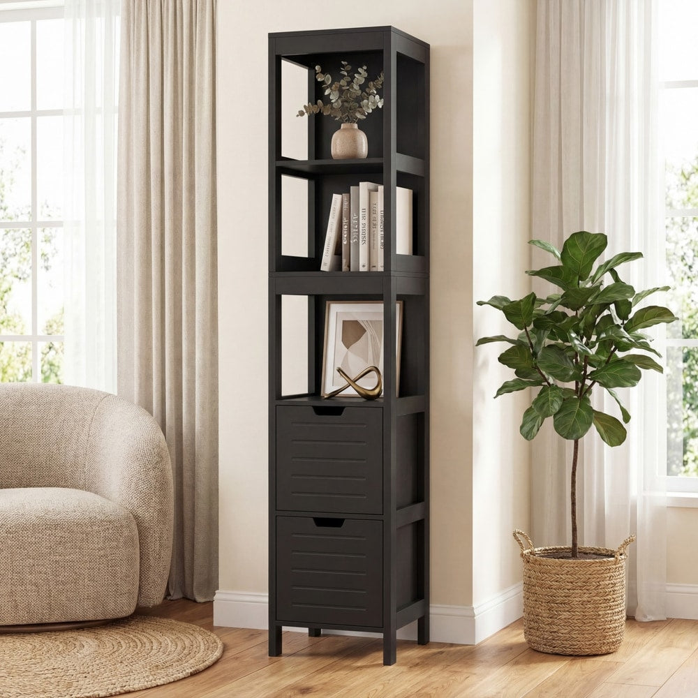 Black tall bathroom storage unit with shelves and two drawers, placed in a living room setting