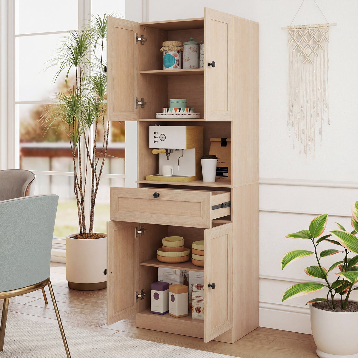 Tall Bathroom Cabinet Freestanding Storage Cabinet with 4 Doors and 1 Drawer-Natural