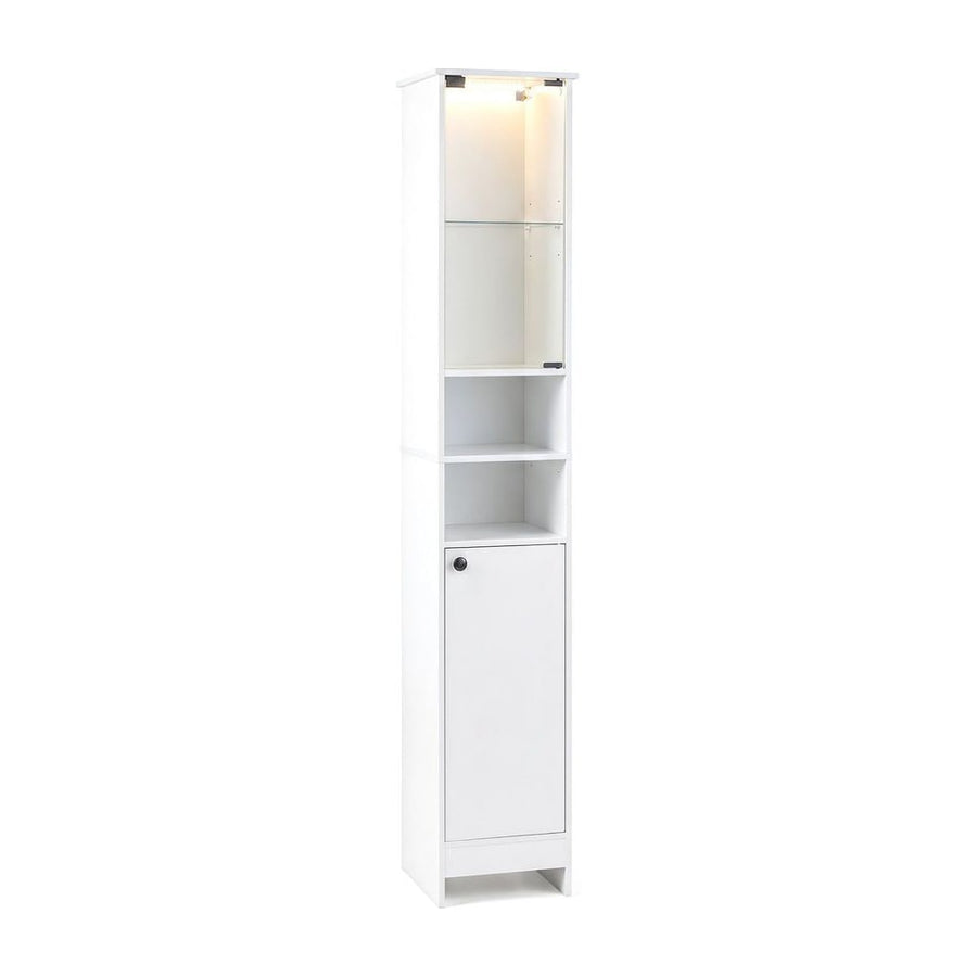 Tall Bathroom Cabinet with Lights Remote Control Open Shelves and Adjustable Shelves-White