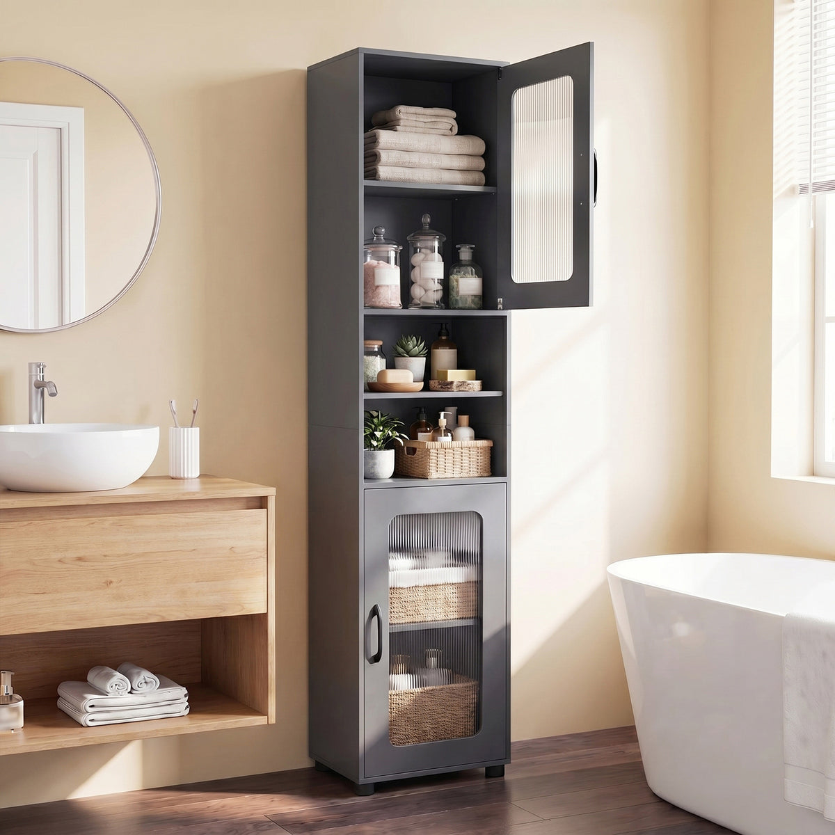 Tall Bathroom Storage Cabinet with Adjustable Shelf for Laundry-Grey