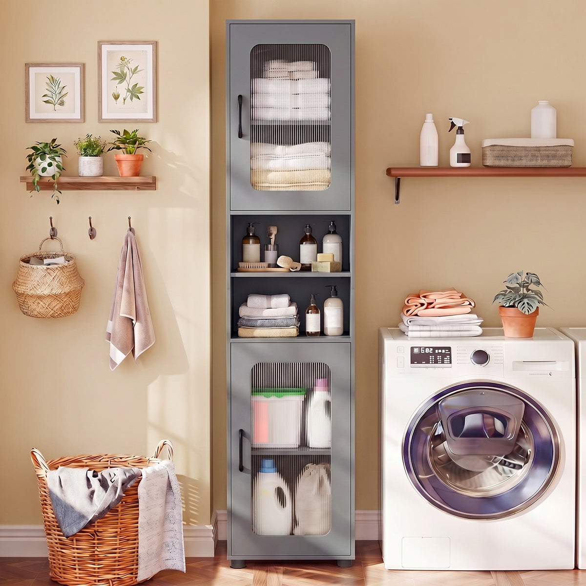 Tall Bathroom Storage Cabinet with Adjustable Shelf for Laundry-Grey