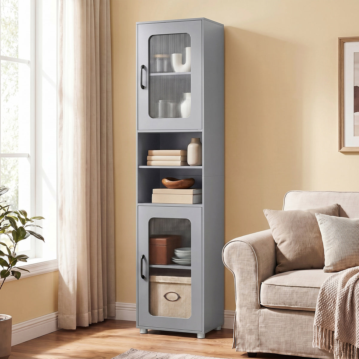 Tall Bathroom Storage Cabinet with Adjustable Shelf for Laundry-Grey