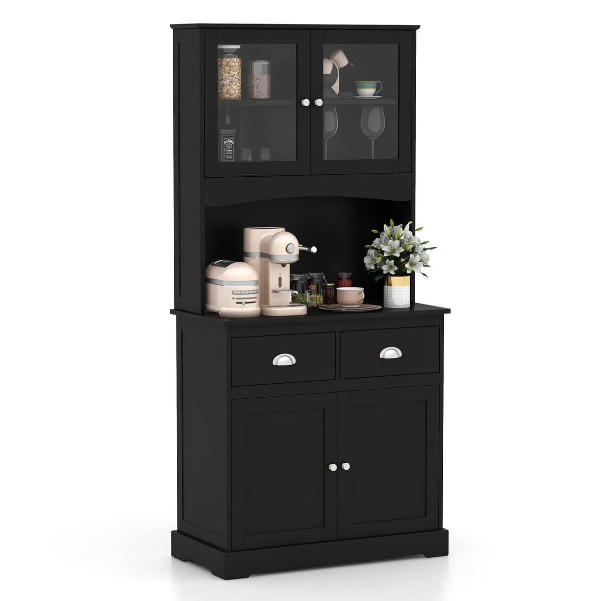 Tall Storage Cabinet with Microwave Stand Tempered Glass Doors and Adjustable Shelves-Black