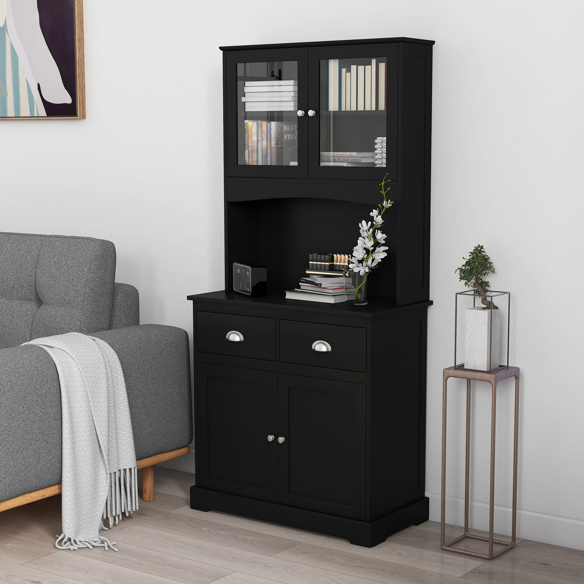 Tall Storage Cabinet with Microwave Stand Tempered Glass Doors and Adjustable Shelves-Black