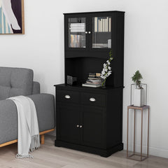 Tall Storage Cabinet with Microwave Stand Tempered Glass Doors and Adjustable Shelves-Black