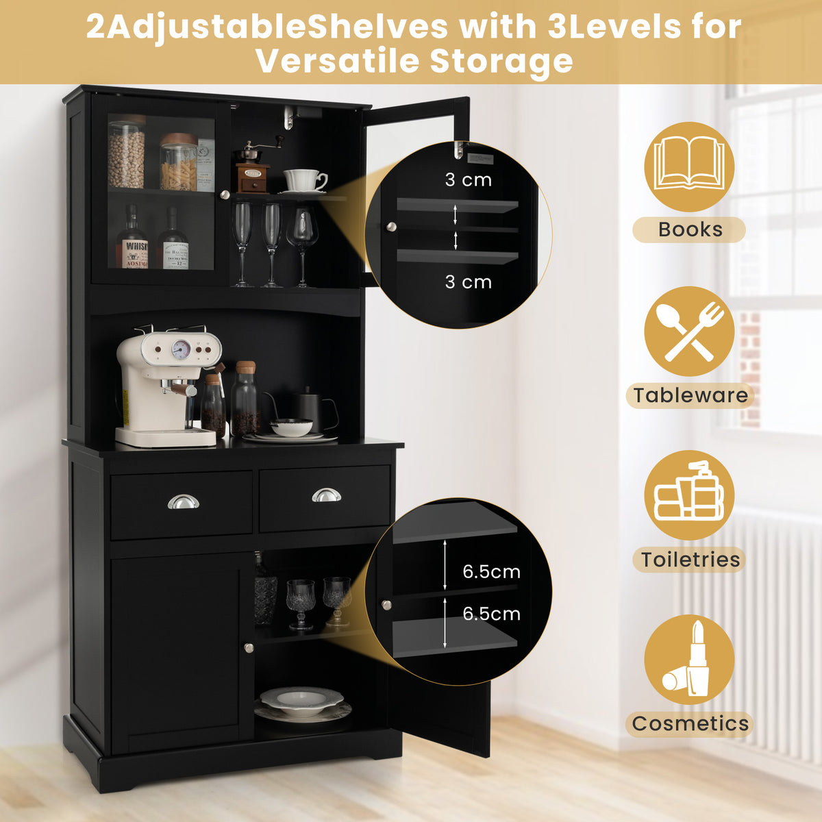 The kitchen cabinet showing adjustable shelf heights and various storage possibilities