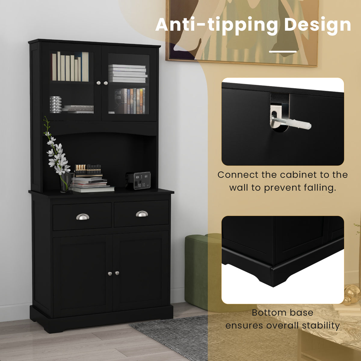 Tall Storage Cabinet with Microwave Stand Tempered Glass Doors and Adjustable Shelves-Black