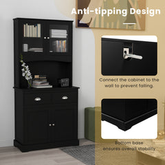 Tall Storage Cabinet with Microwave Stand Tempered Glass Doors and Adjustable Shelves-Black