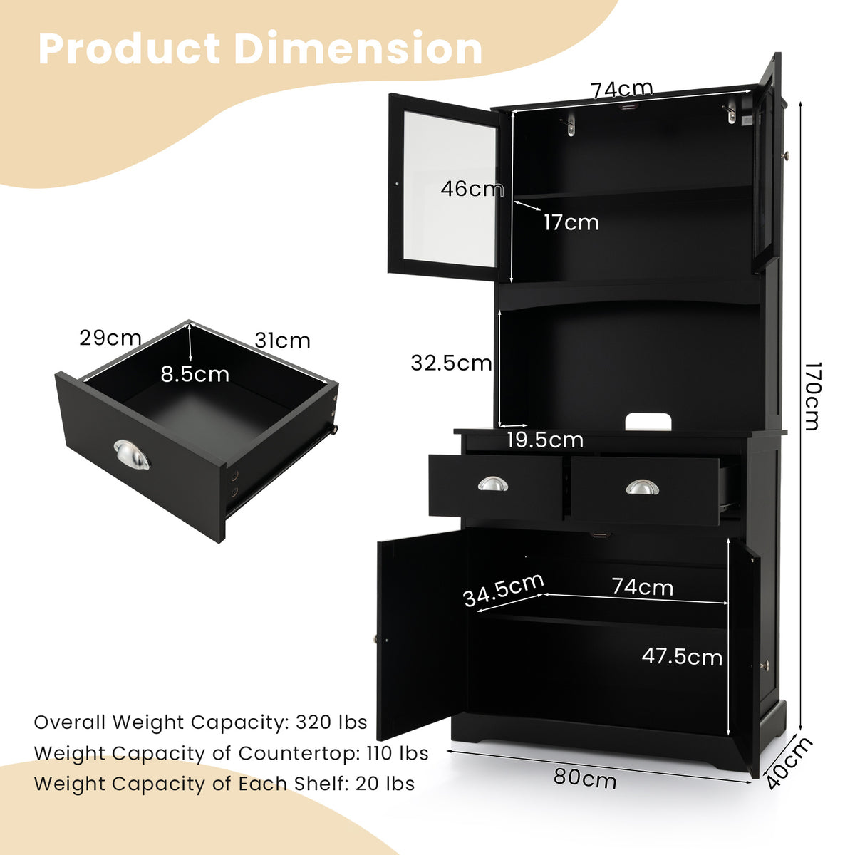 Tall Storage Cabinet with Microwave Stand Tempered Glass Doors and Adjustable Shelves-Black