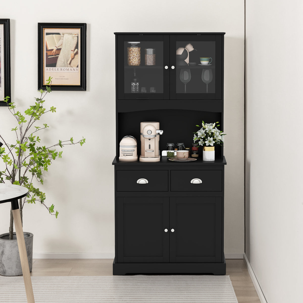 Tall Storage Cabinet with Microwave Stand Tempered Glass Doors and Adjustable Shelves-Black