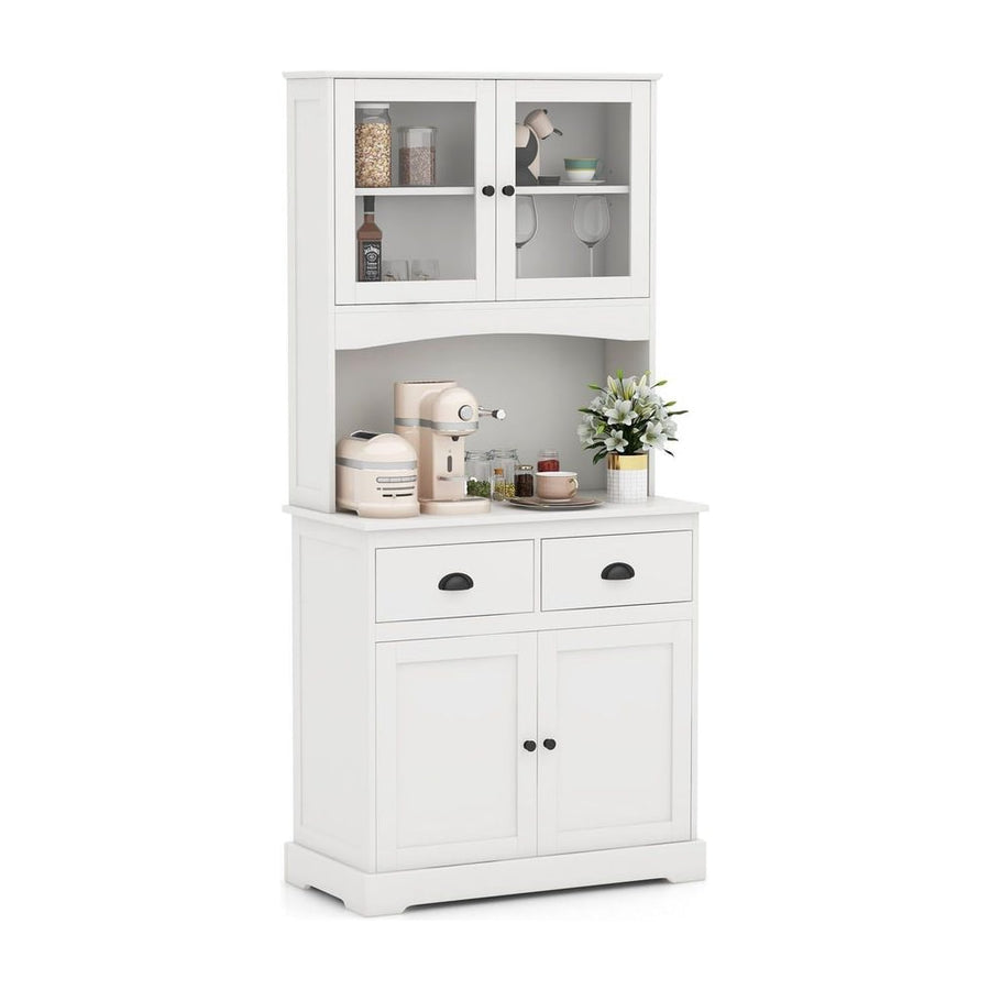 Tall Storage Cabinet with Microwave Stand Tempered Glass Doors and Adjustable Shelves-White