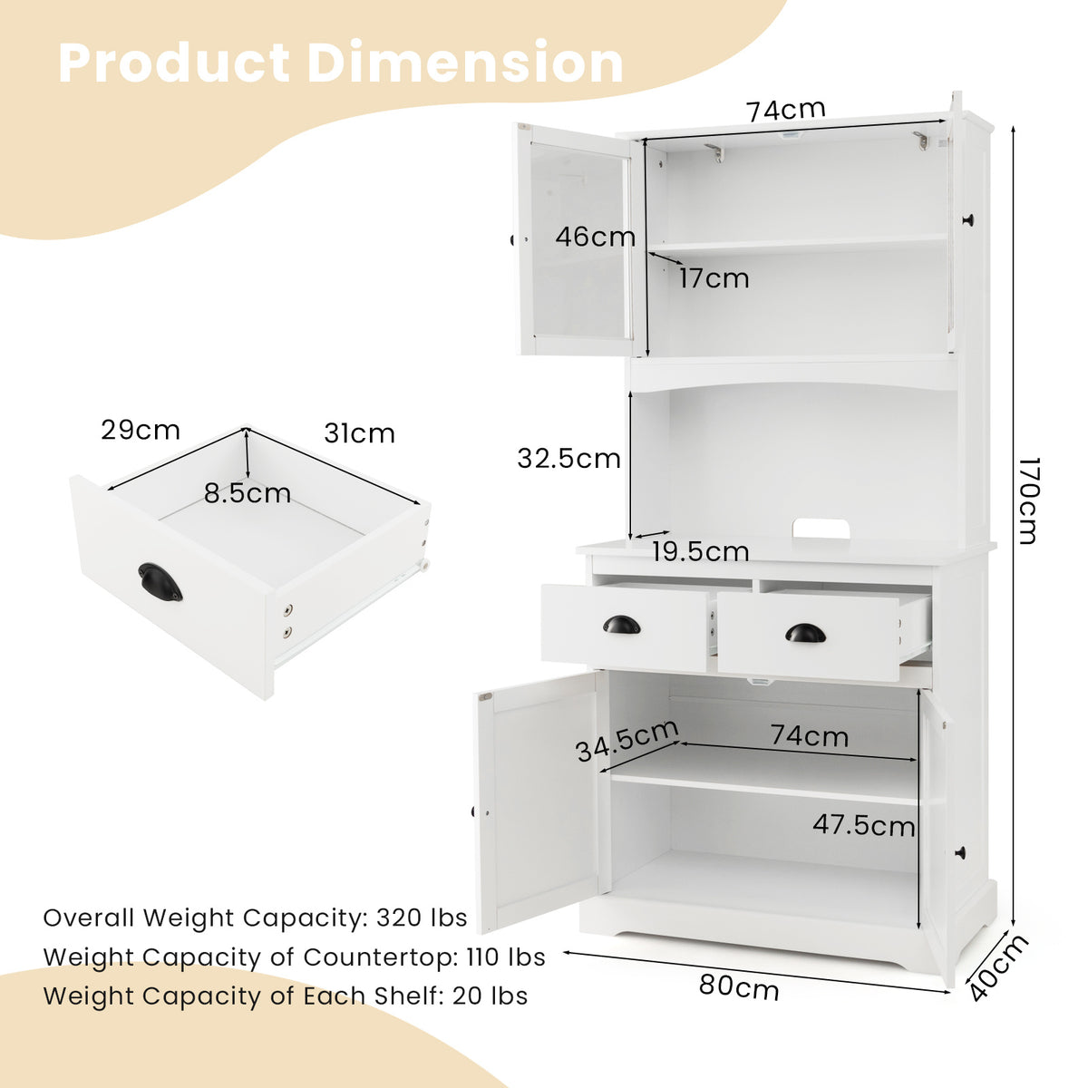 Tall Storage Cabinet with Microwave Stand Tempered Glass Doors and Adjustable Shelves-White