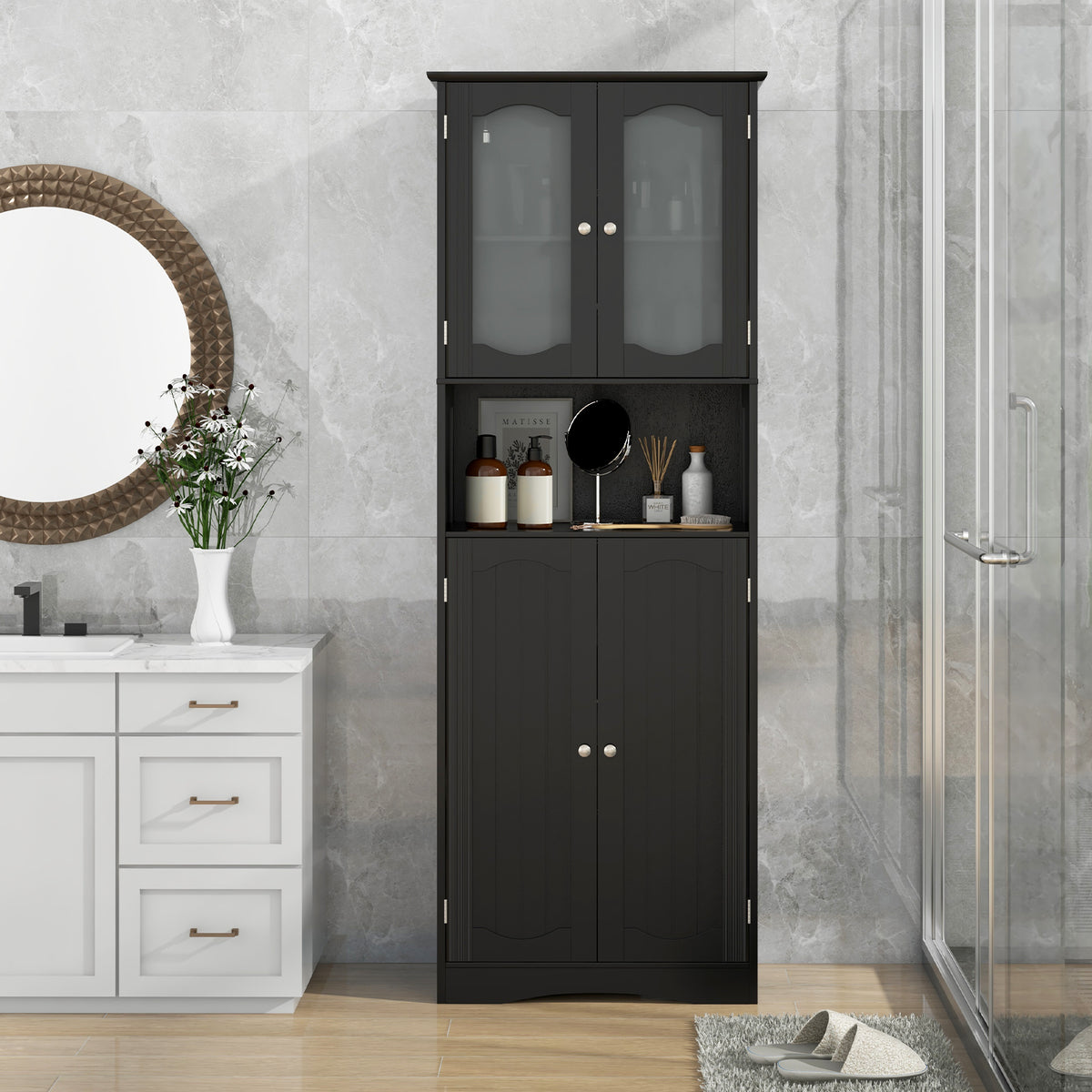 Tempered Glass Door Pantry Cabinet with 3-Position Adjustable Shelves-Black