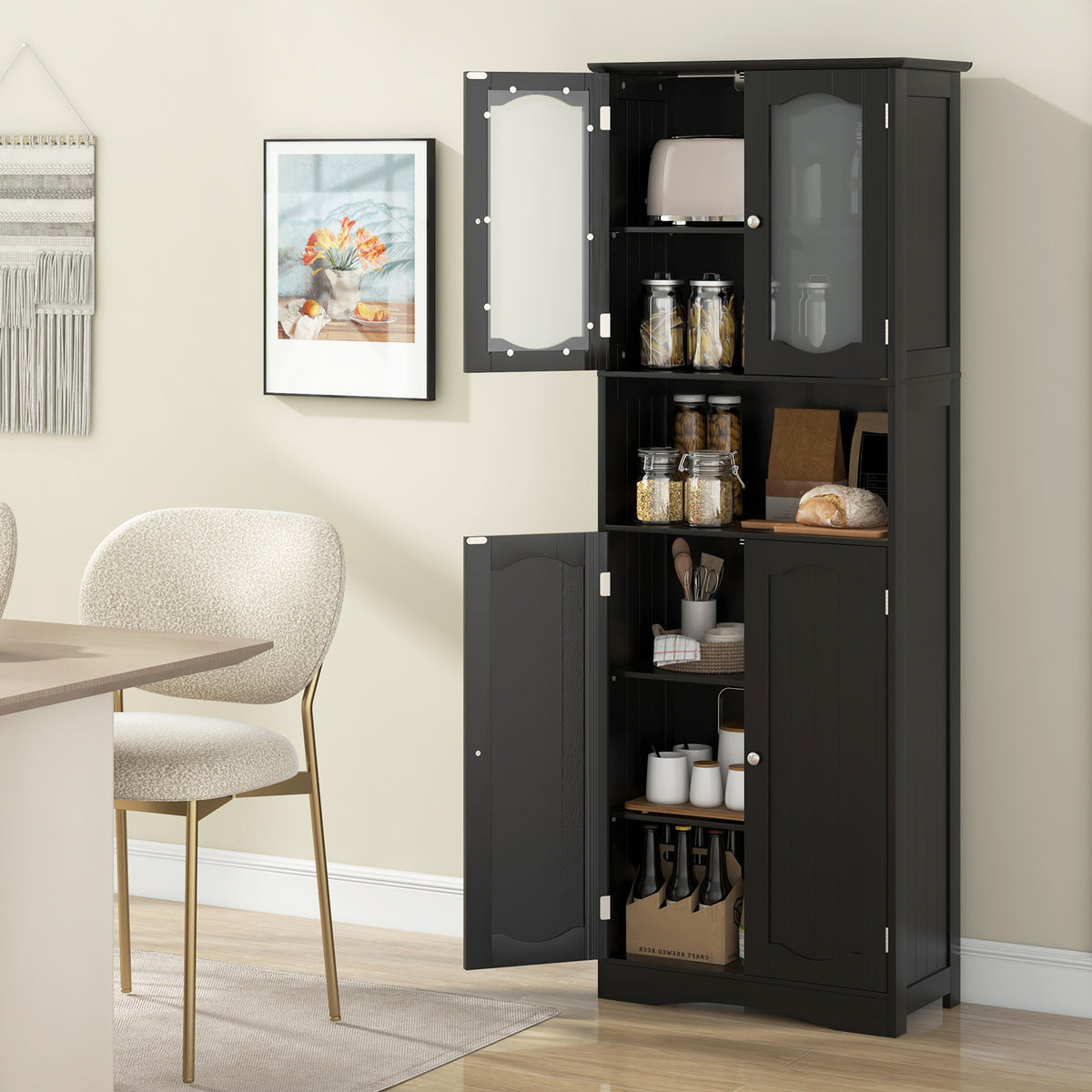 Tempered Glass Door Pantry Cabinet with 3-Position Adjustable Shelves-Black