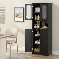Tempered Glass Door Pantry Cabinet with 3-Position Adjustable Shelves-Black