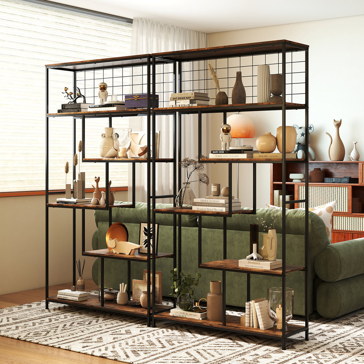 6-tier Tall Bookshelf with Metal Net for Living Room-Rustic Brown