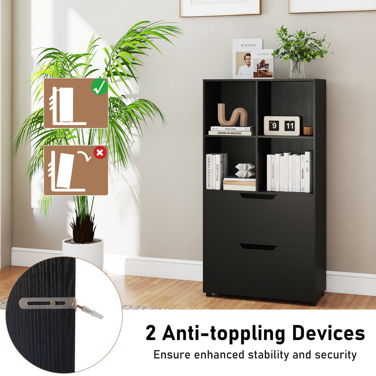 130CM 5-Tier Tall Freestanding Bookshelf for Living Room-Black