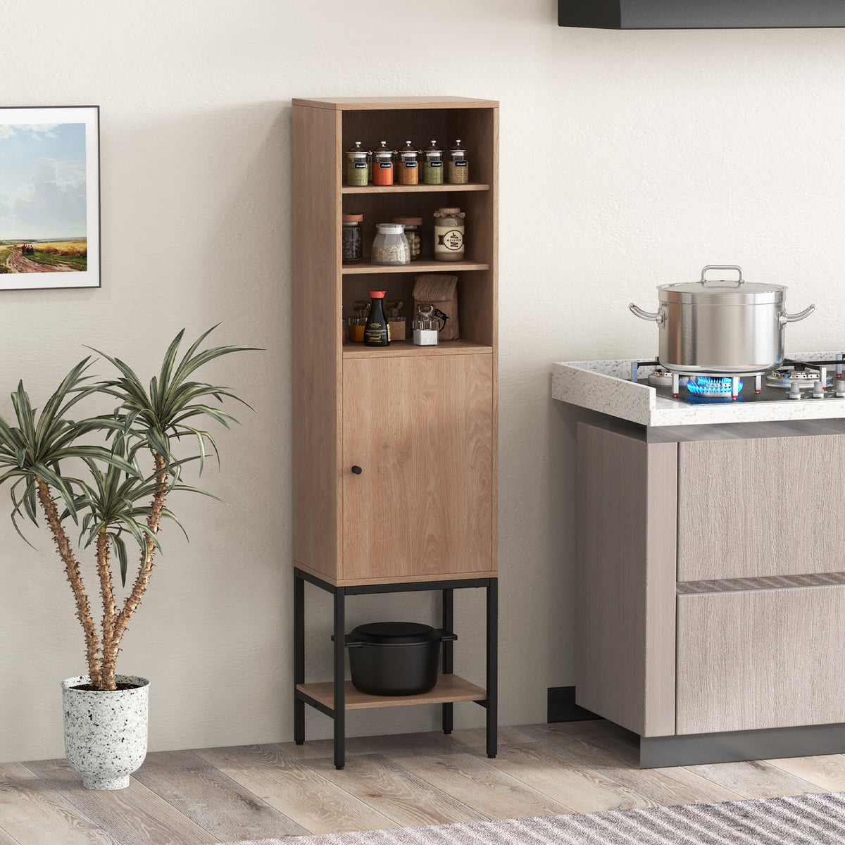 Tall Storage Cabinet with Adjustable Shelf and Bottom Storage-Natural