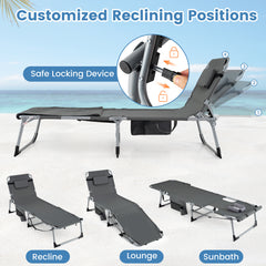 Tanning Chair with Face Arm Holes and 4-Level Backrest with Head Pillow-Grey
