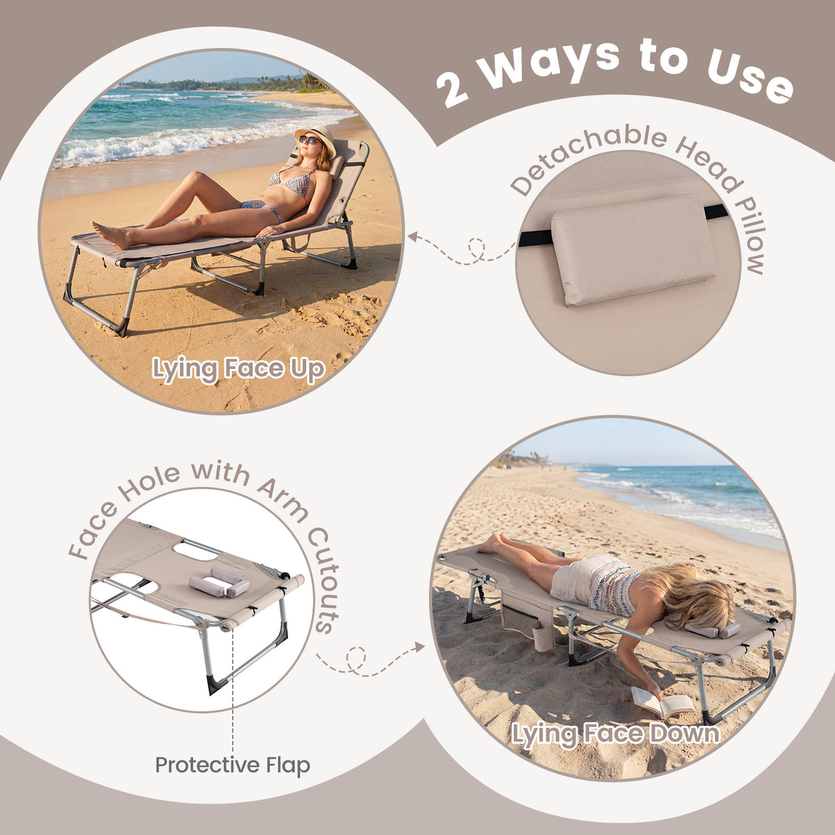 Tanning Chair with Face Arm Holes and 4-Level Backrest with Head Pillow-Sand