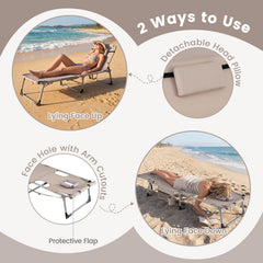 Tanning Chair with Face Arm Holes and 4-Level Backrest with Head Pillow-Sand