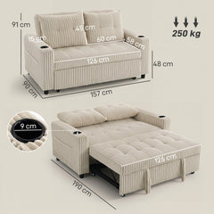 HOMCOM Corduroy Click Clack Sleeper Sofa with Pull Out Design, 2 Seater Sofa Bed, Cream White