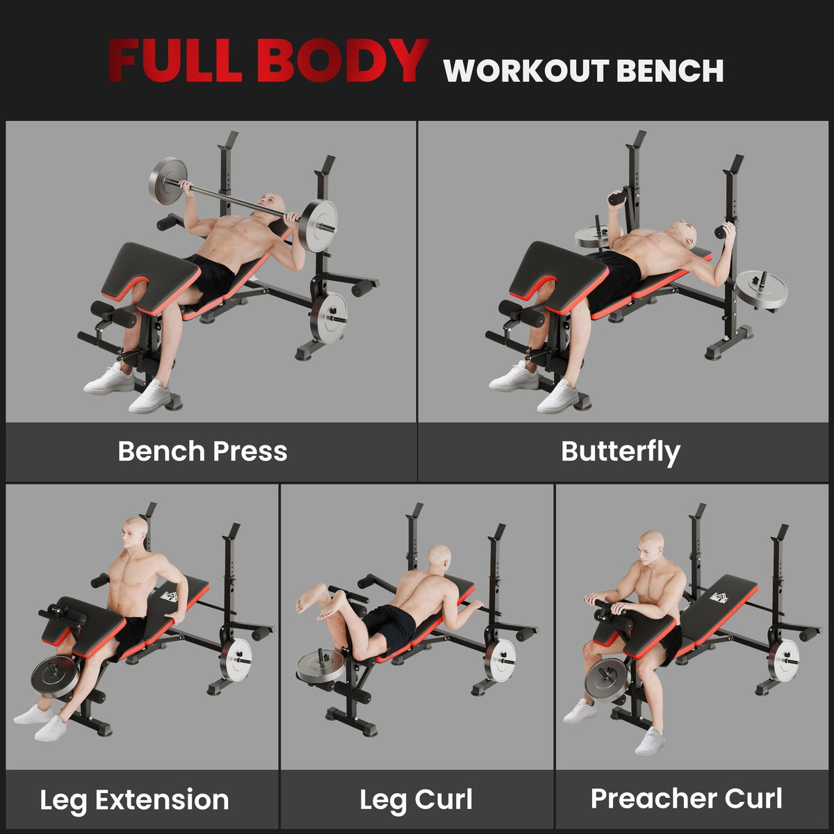 HOMCOM Adjustable Weight Bench with Leg Extension, Barbell Rack, Preacher Curl Pad, Butterfly, Multi-Function Home Gym Bench for Strength Training, Red